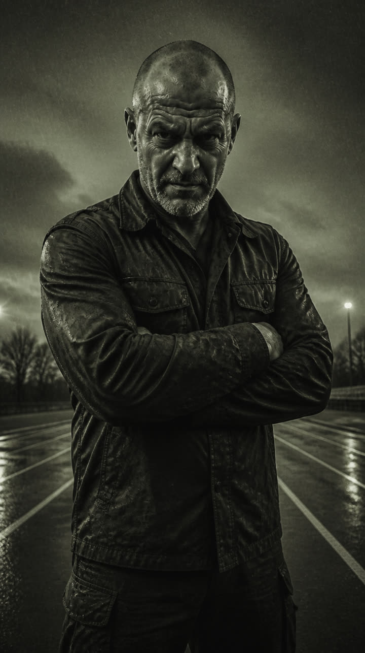 Sgt. Vex with arms crossed, glaring, in the rain